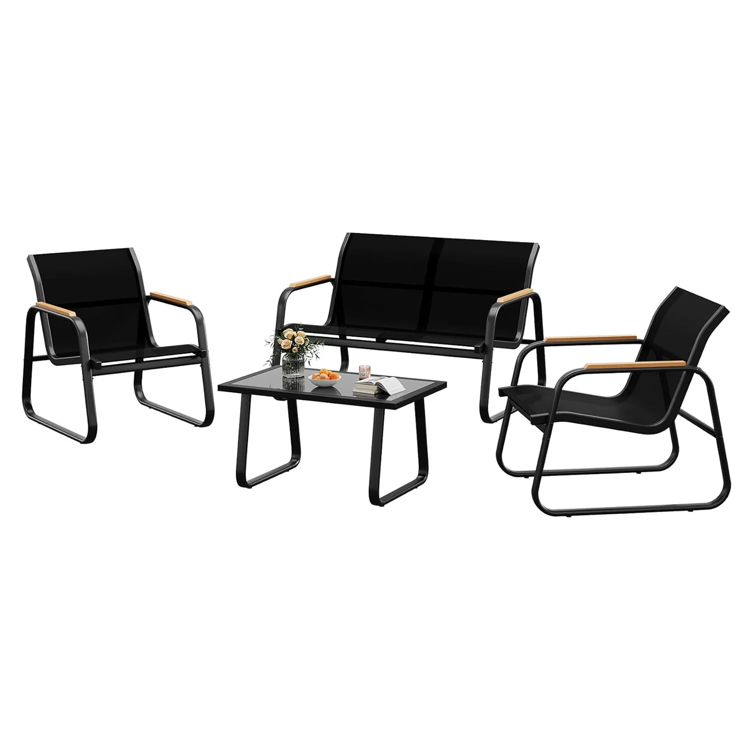 Set di Mobili da Giardino in 4 Pezzi: Divano Doppio, 2 Poltrone, Tavolino da Caffè, Comodo Arredo in Metallo e Vinile per Patio, Balcone e Giardino