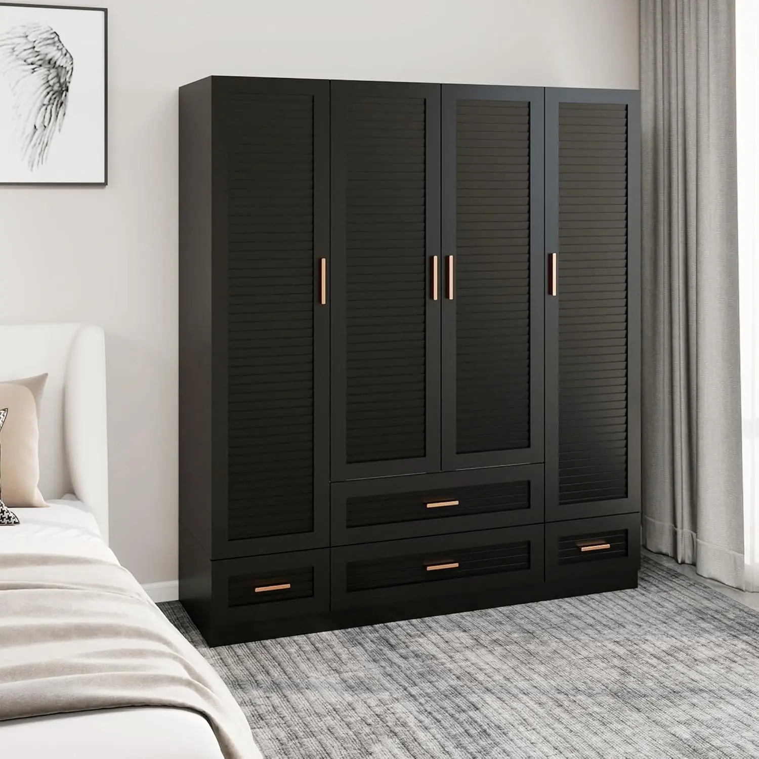 Wooden Armoire Wardrobe Closet,Wardrobe Closet with 4 Drawers and Hanging Rod, Closet Cabinet with 4 Doors Bedroom Armoire Black