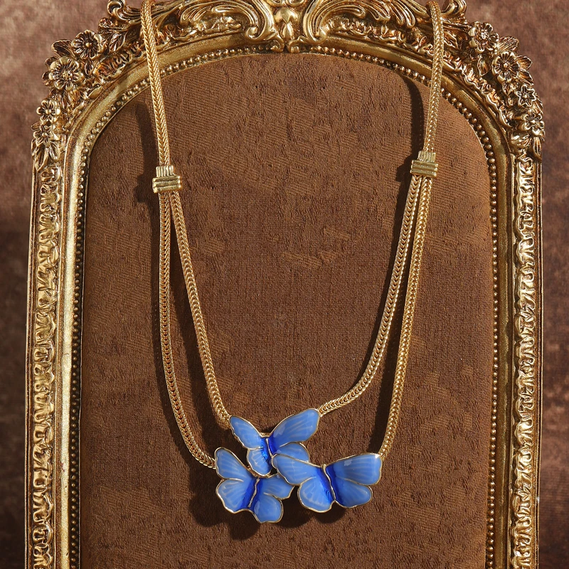 

Vintage Butterfly Necklace Woman Blue Enamel Drip Oil Gold Color Layered Chain Pendant Bohemia Jewelry Valentine Day Gift 2025