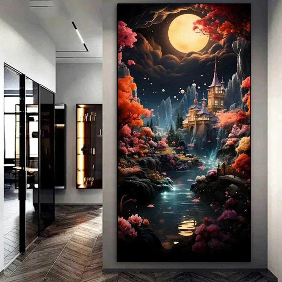 Diy Mosaic Art Moon Pavilion Diamond Painting Complete Kits Big Size Night Scenery Full Rhinestone Embroidery Picture Home Decor