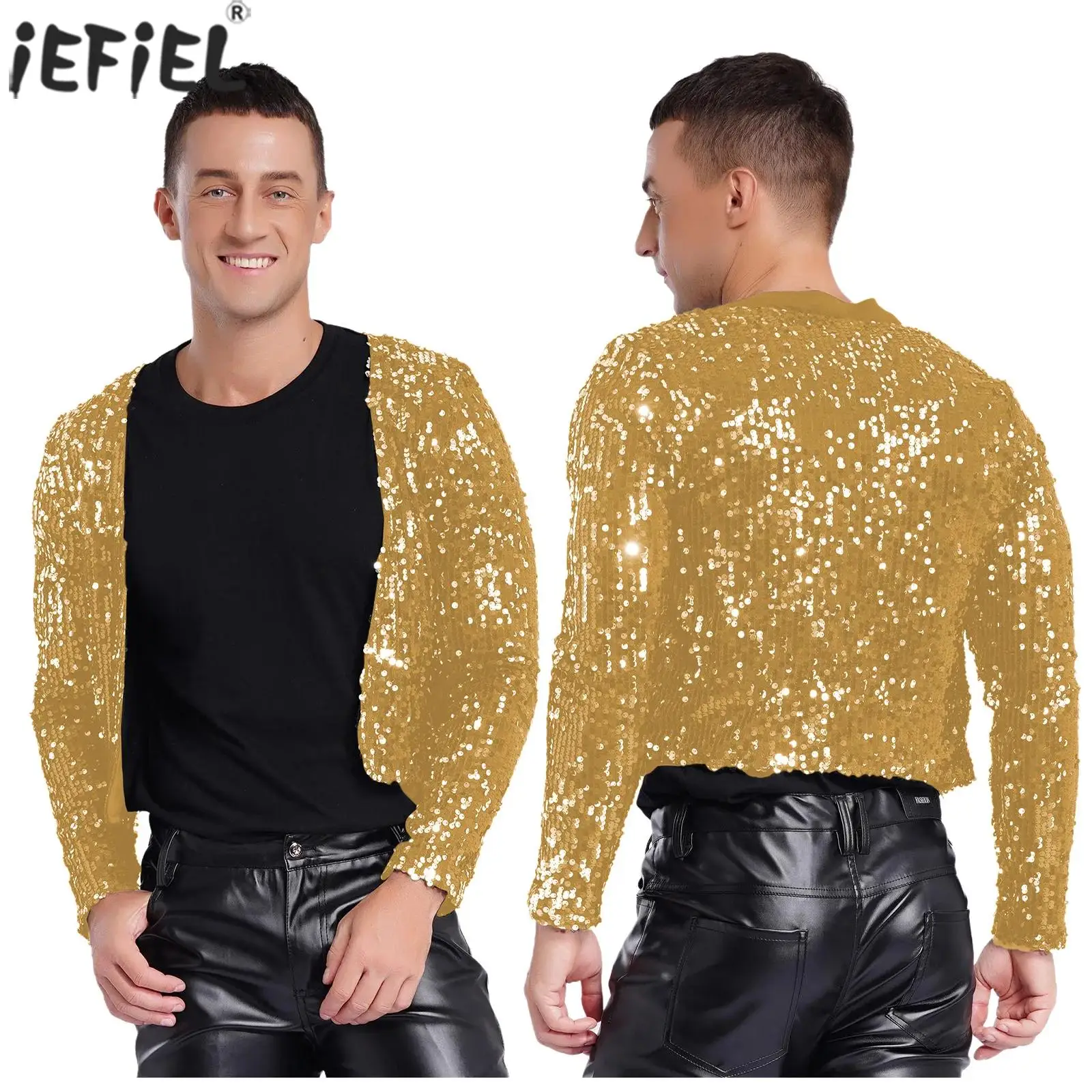 

Men Fashion Sparkly Sequin Shrug Crop Jacket Long Sleeve Fully Lining Crop Cardigan Blazer Crop Outerwear for Stage Club Party