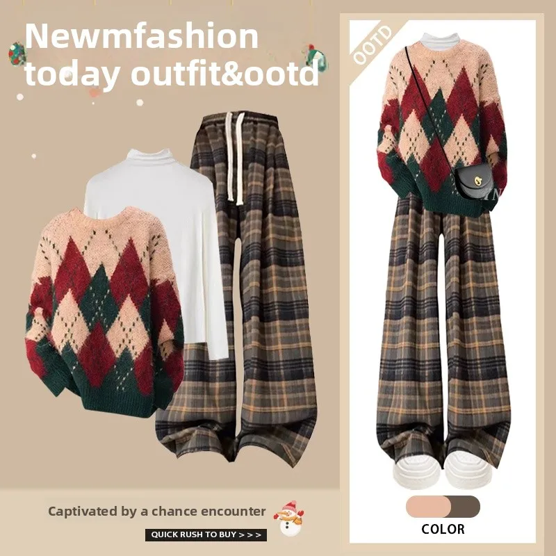 

Retro Red Knitted Sweater Women's Autumn Winter New Style Beautiful Diamond Pattern Base Layer Casual Pants Fashion Set
