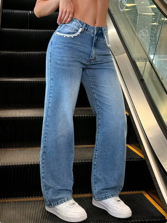 

Women's Jeans Fashion 2025 Straight Leg Jeans Women's Loose Nail Bead Lace Spring and Autumn New Style Slimming Design Jeans