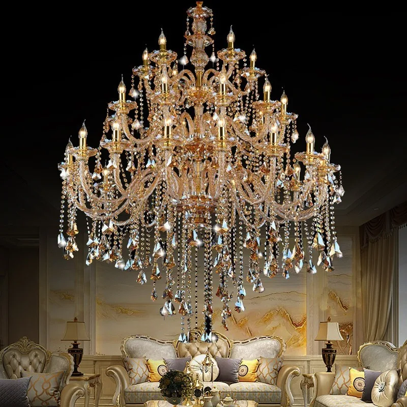 Villa large living room crystal chandelier, hotel lobby exhibition hall villa building middle floor golden hanging lamp lighting