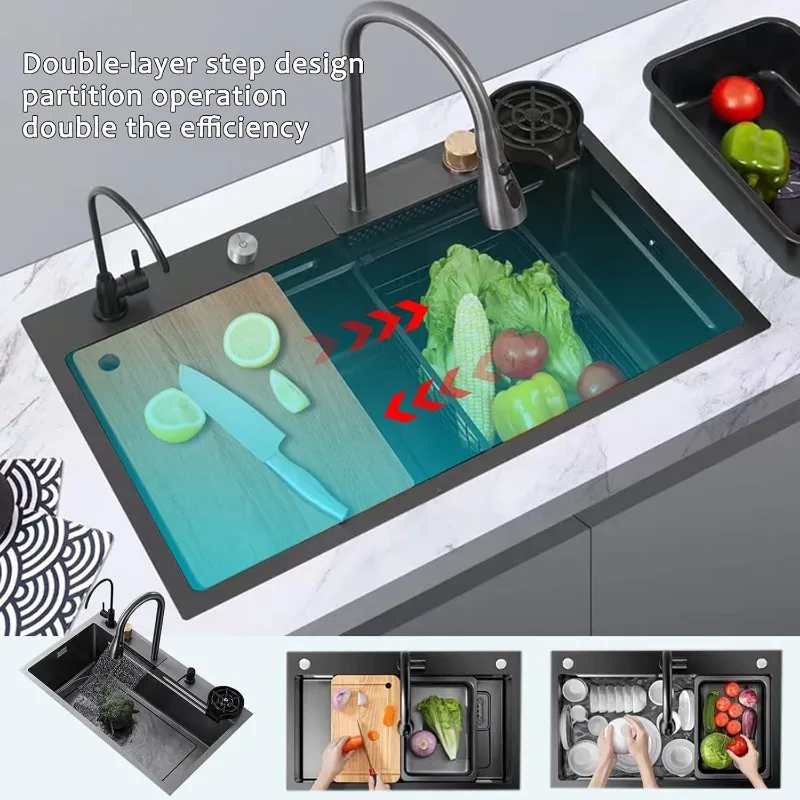 Sink Single Basin Stainless Steel Overmount and Undermount Multifunction Black Sink ( Color : Black , Size : 80*45cm(31.5*17.7in