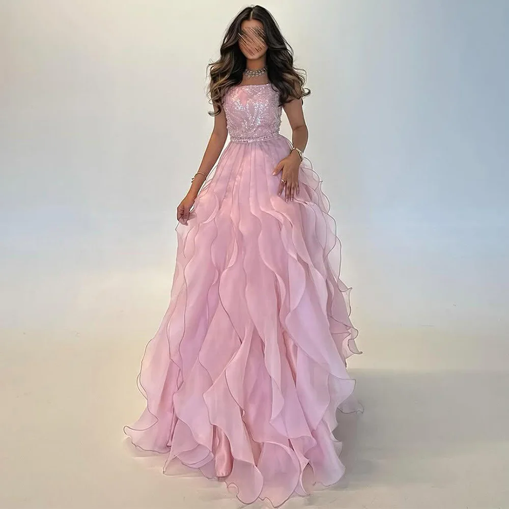 فستان سهرة من الأورجانزا مكشكش مخصص بدون حمالات بدون أكمام مطرز بالخرز بطول الأرض فساتين حفلات المملكة العربية السعودية #1