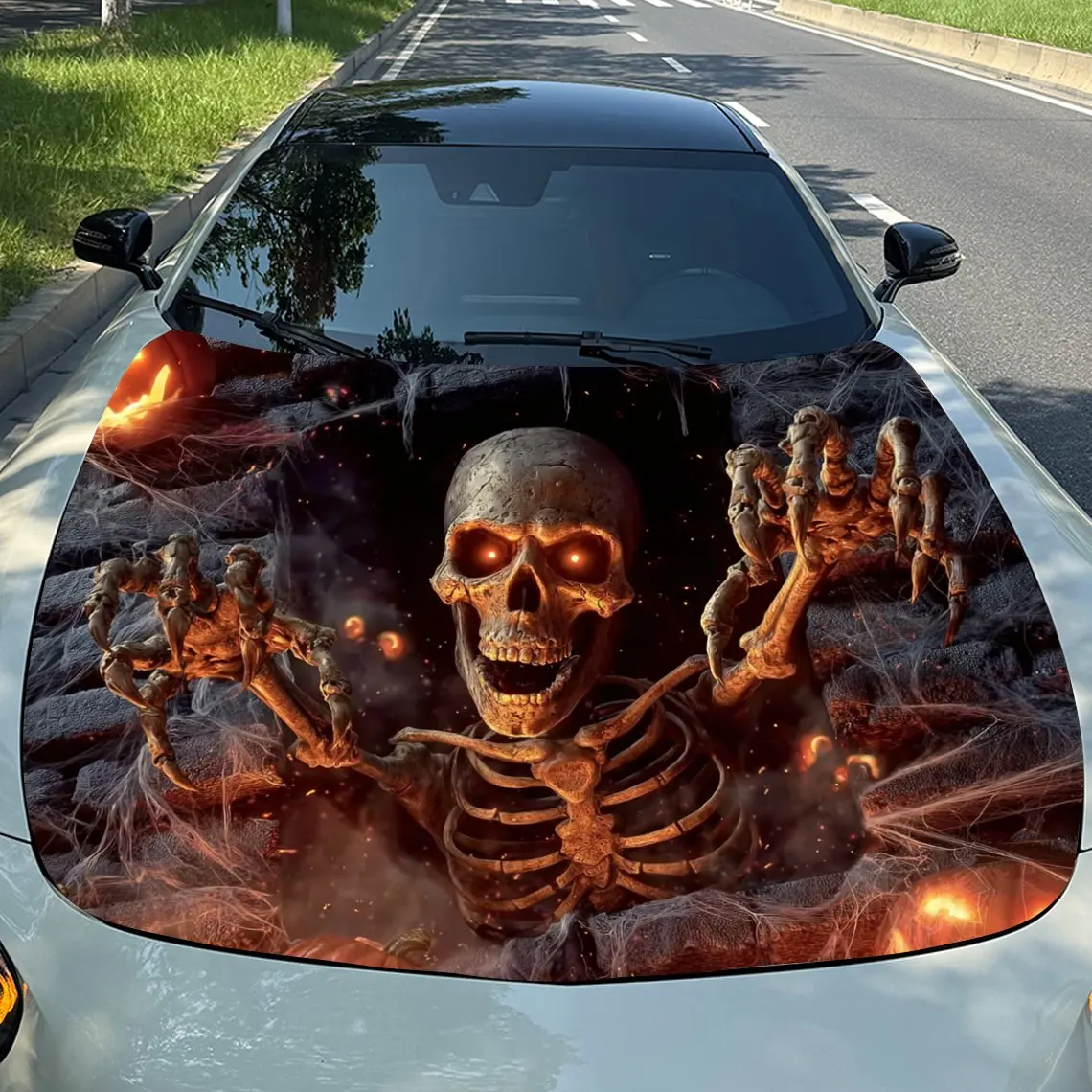 Halloween Themed Pumpkin Skull Vinyl Film For Car Engine Hood, Waterproof PVC Sticker For Car Engine Hood, Self-adhesive Paper F