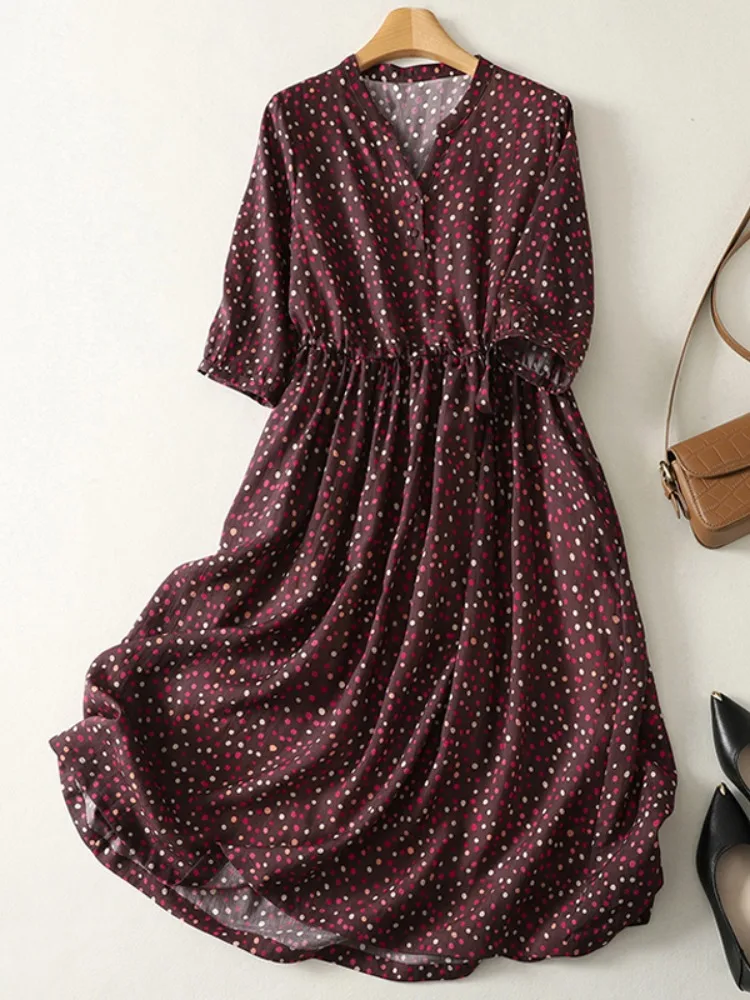 Elegant Cotton Lin Polka Dot Short Sleeve Dress Women Summer Age Reducing Waist Cinching Drawstring Slimming Midi Skirt