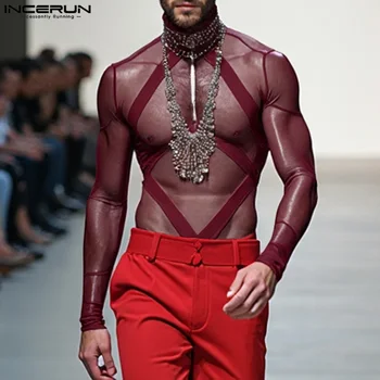 INCERUN 2025 Amerikaanse Stijl Mode Jumpsuit Casual Mannen Perspectief Mesh Splicing Strap Ontwerp Body Sexy Mannelijke Dunne Homewear