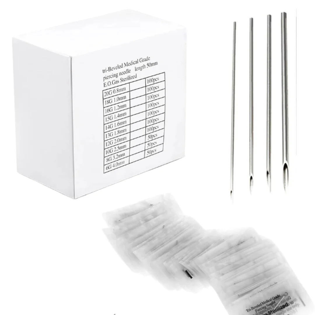 100PCS Ago per puntura del corpo 10G 14G 16G Acciaio chirurgico Sterile Orecchio Naso Ombelico Tettarelle da biberon Labbro Strumento per piercing