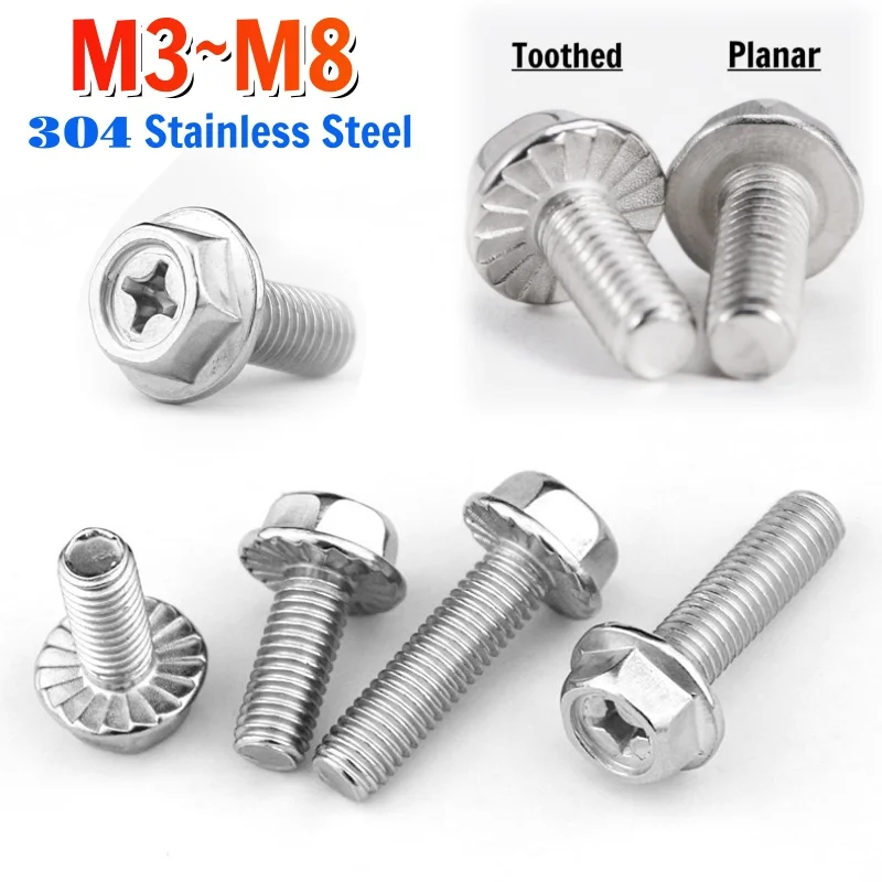 M3 M4 M5 M6 M8 304 Stainless Steel Phillips Flange Hexagon Head Bolts With Toothed / Planar Cross External Hex Washer Head Screw
