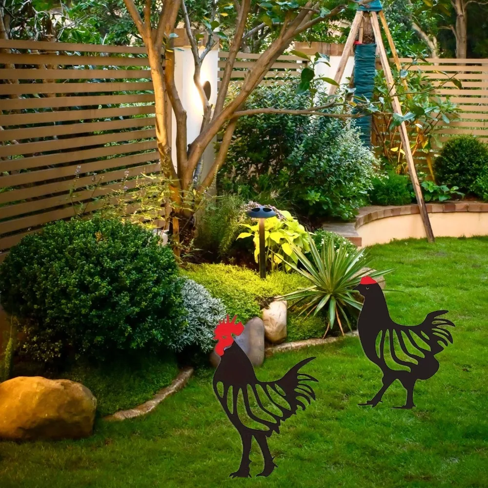 Iron Metal Rooster Hen Garden Stake Decor Black Garden Stake Decor Iron Cutout Chicken Lawn Plug Ornament Hen & Rooster