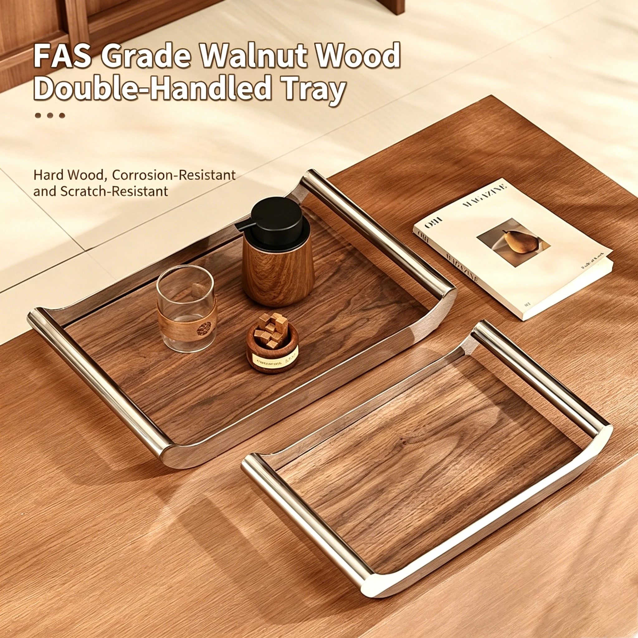 

Retro Walnut Wood Serving Tray Rectangle Stainless Steel Plate Simple Italian Decor Tray for Aromatherapy Dining Home Ornament