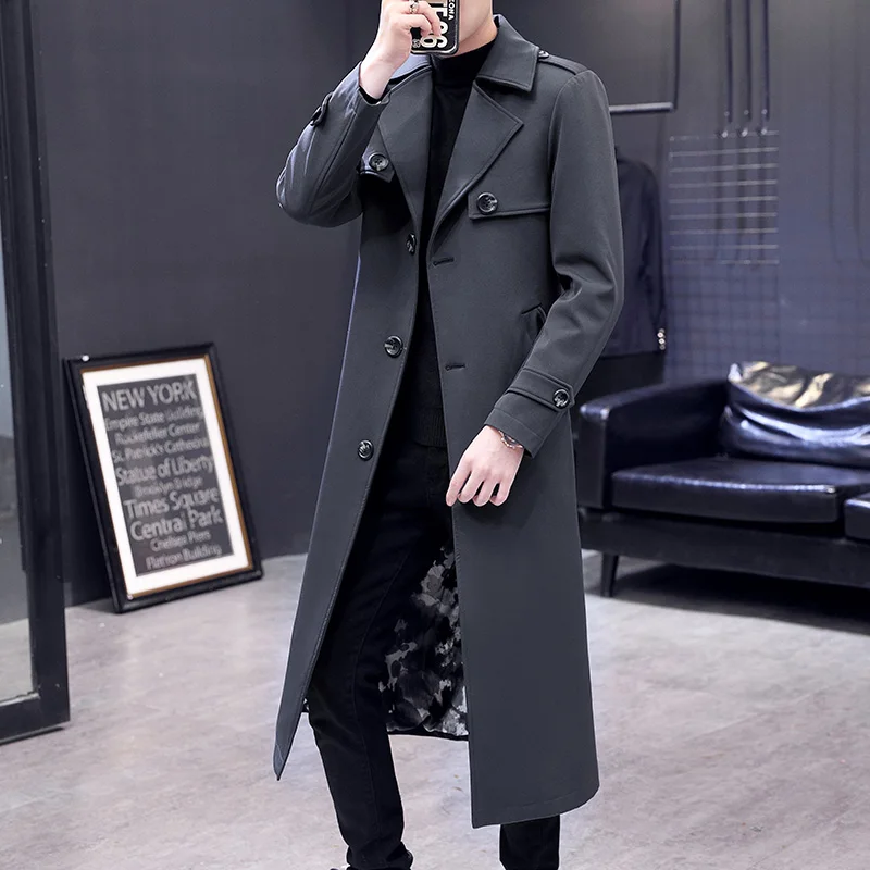 

Ele Briti Sle Men's Long Over-Knee Coat Casual Slim Fit Spring Autumn Outerwear Single Button Pure Color Youth Faion