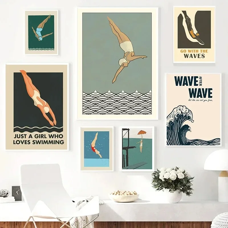 Póster minimalista de buzo para saltar, nadar, surf, pintura en lienzo estética, Cuadros artísticos de pared, decoración de habitación, Cuadros
