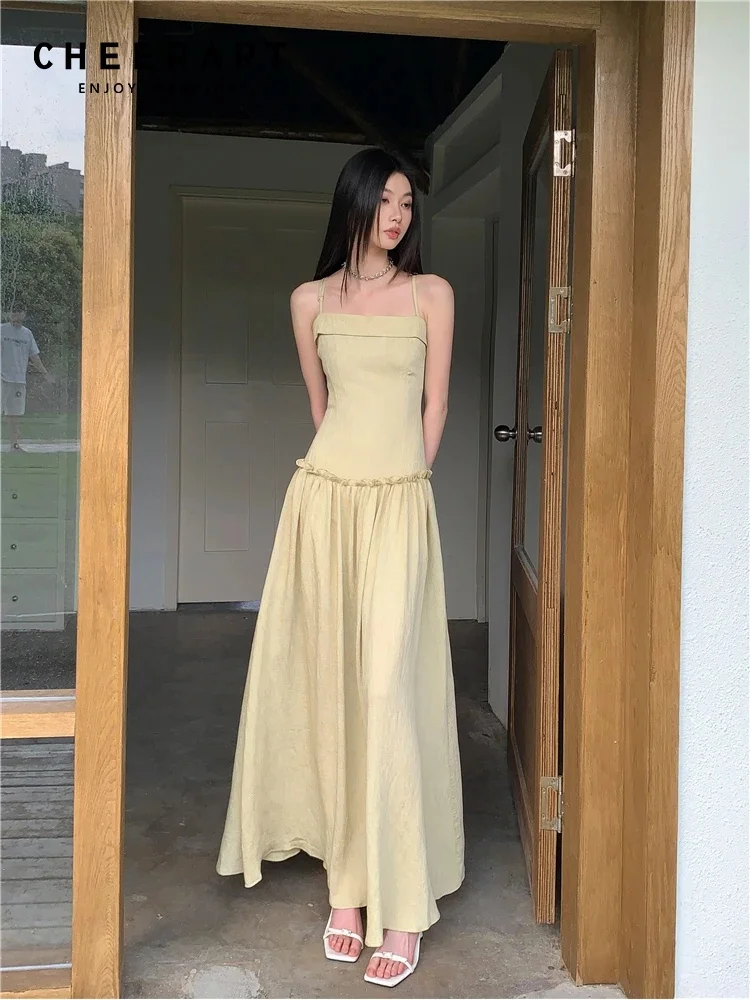 CHEERART Yellow Backless Long Dresses 2024 Women Summer Sundress Tunics A Line Casual Vacation Midi Slip Dress