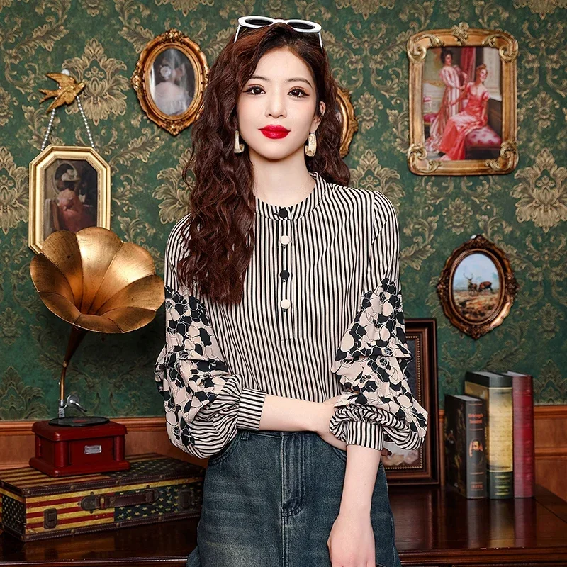

Шифоновая винтажная полосатая весенне-летняя одежда, распродажа, свободные корейские топы с длинными рукавами и принтами, женские блузки