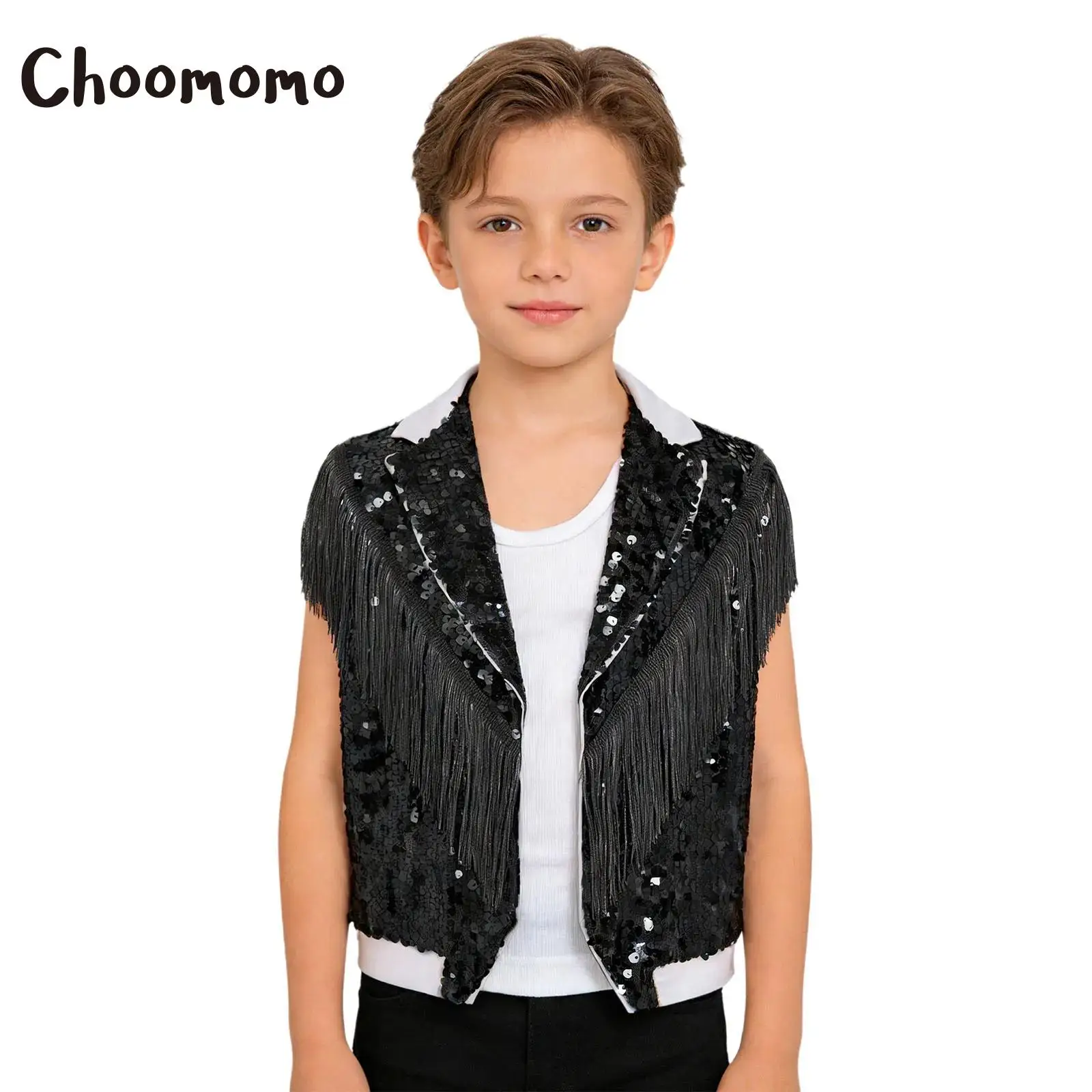 

Детский жилет для мальчиков с пайетками и бахромой, блестящий, для диско-танцев, с отложным воротником, без рукавов, укороченный топ