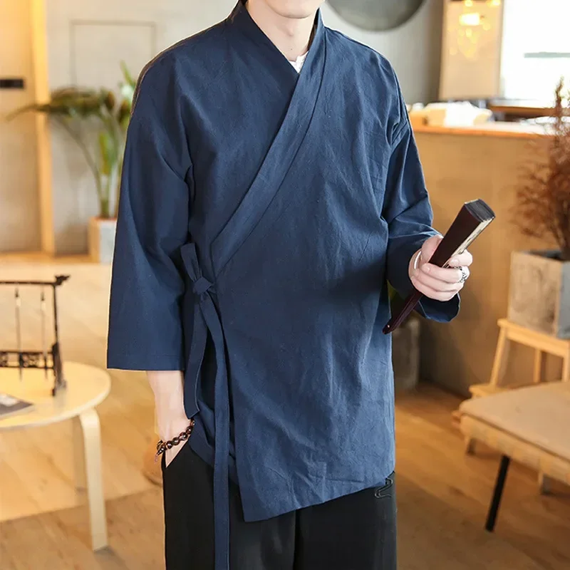 Traditional Chinese Hanfu Men's Jacket Seven-half Sleeve Side Opening Zen Culture Rustic Pastoral Style Simple Design