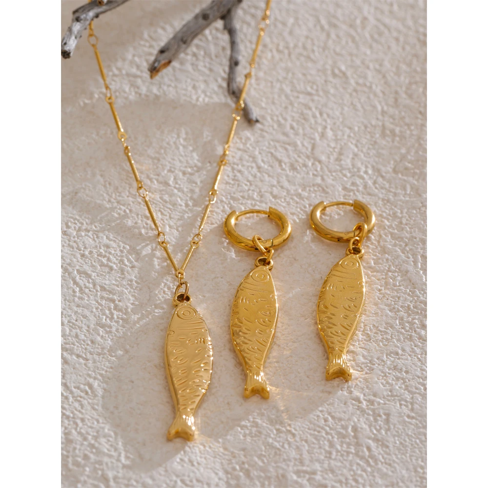 Yhpup Wholesale Ocean Stainless Steel Metal Fish Pendant Necklace Earrings Rust Proof Golden PVD Plated Trendy Fashion Jewelry