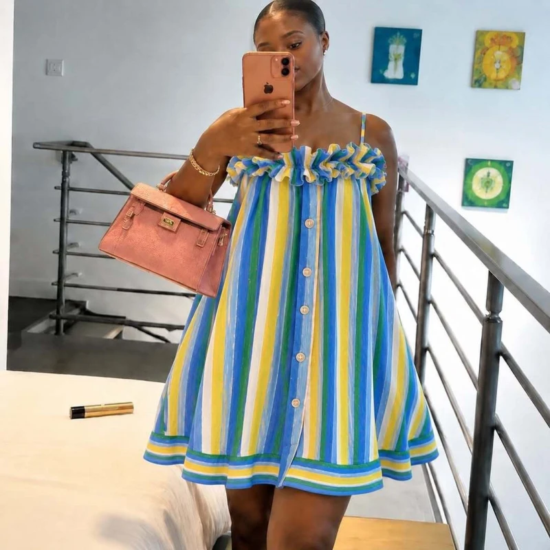 Neues Afrikanisches Mode-Sommerkleid für Damen Gestreiftes Bedrucktes Schulterfreies Rüschenkleid Loses Minikleid