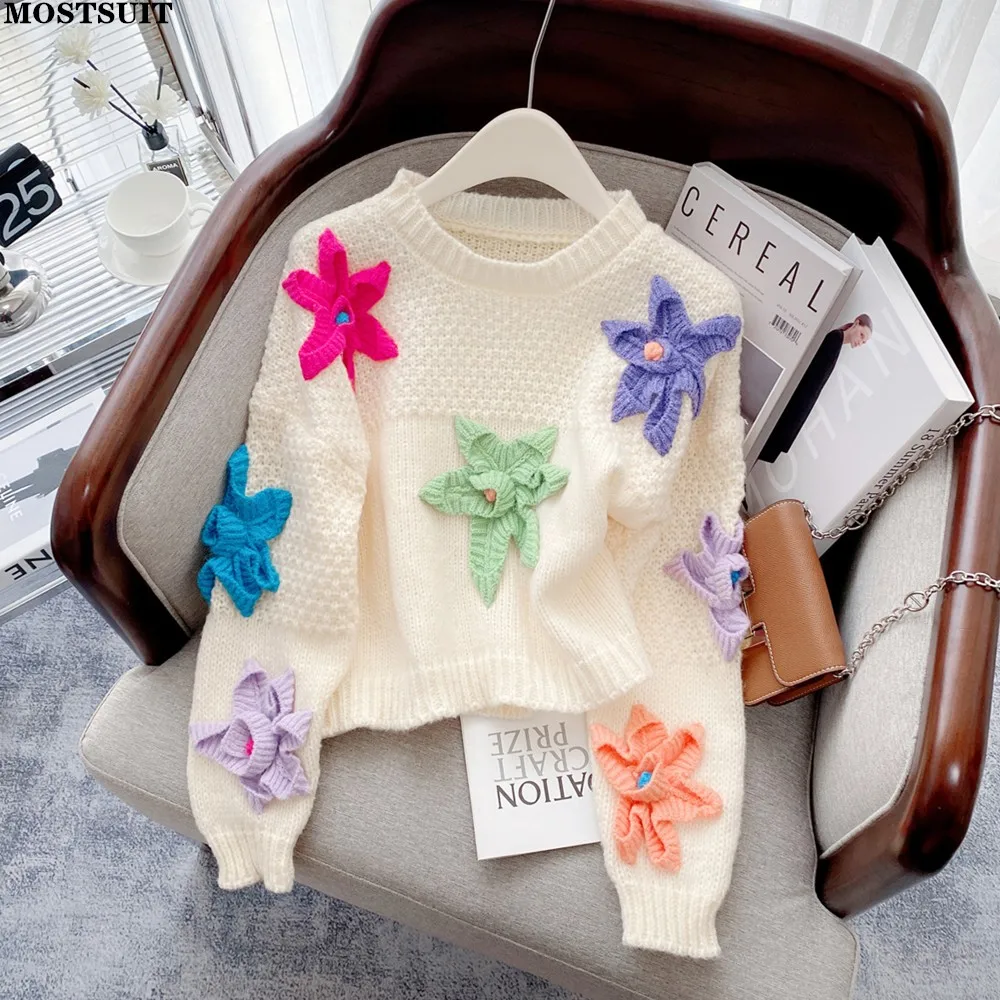 Stylish Hand-made Flower Knit Sweater Pullover Women Autumn Winter Chic Fashion Ladies Tops Long Sleeve O-neck Jumper 2022