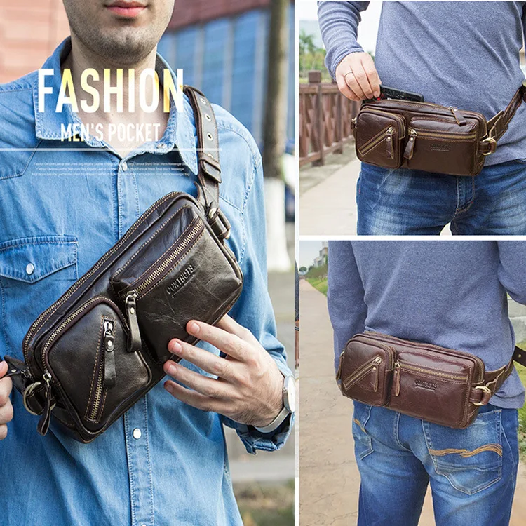 

HTS-MB116 First layer cowhide multifunctional men's waist bag, genuine leather shoulder crossbody bag