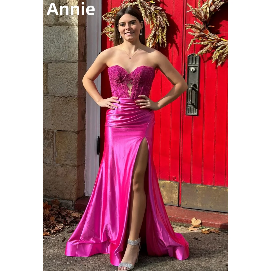 Annie Hot Pink Wedding Dress Lace Embroidery Elegant Prom Dresses Off-shoulder Side Slits Cocktail Dresses Vestidos De Fiesta