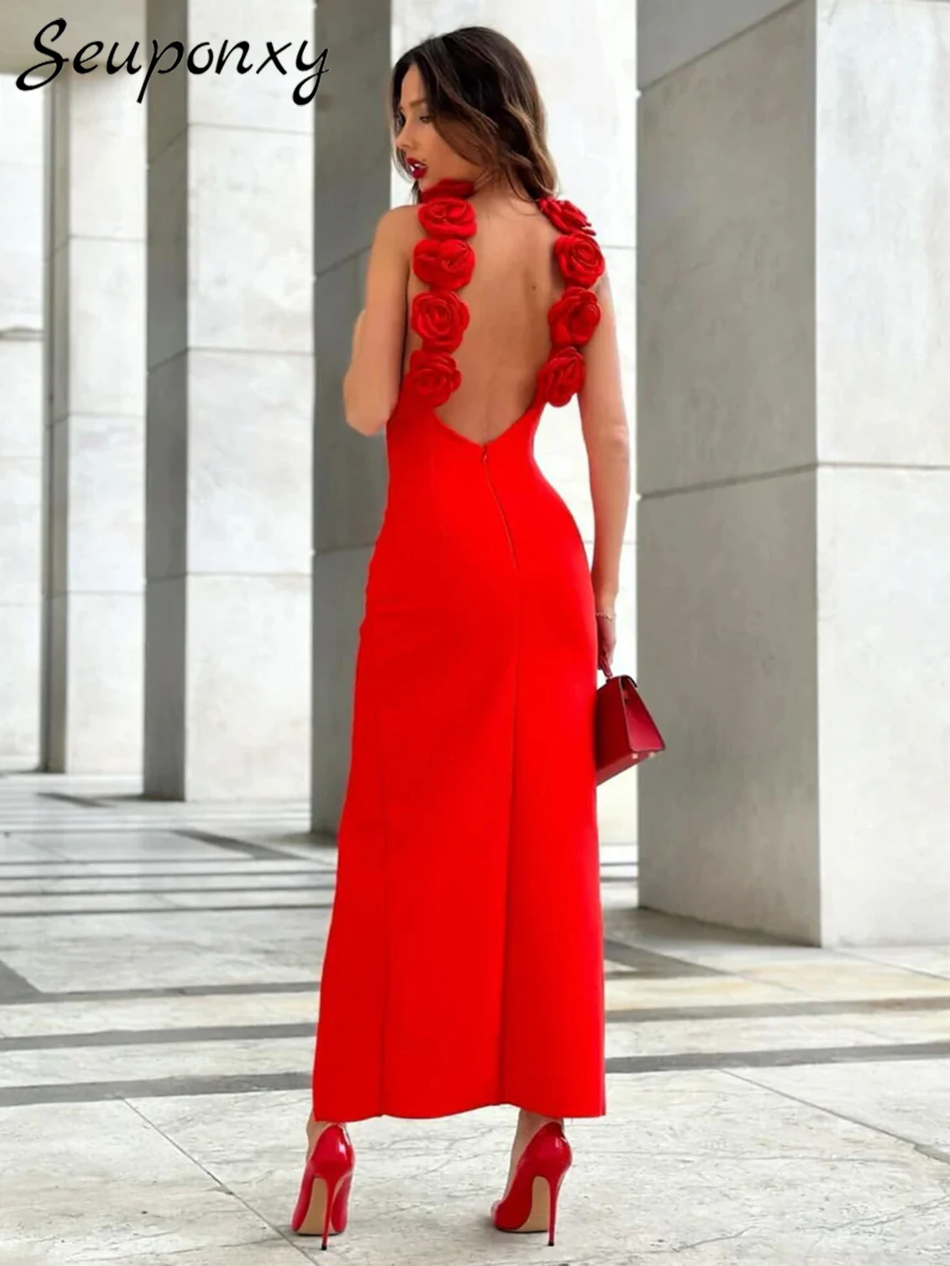 

High Quality 2024 New Women'S Red Sexy Sleeveless 3D Flower Backless Bandage Maxi Dress Elegant Birthday Party Dress Vestitos