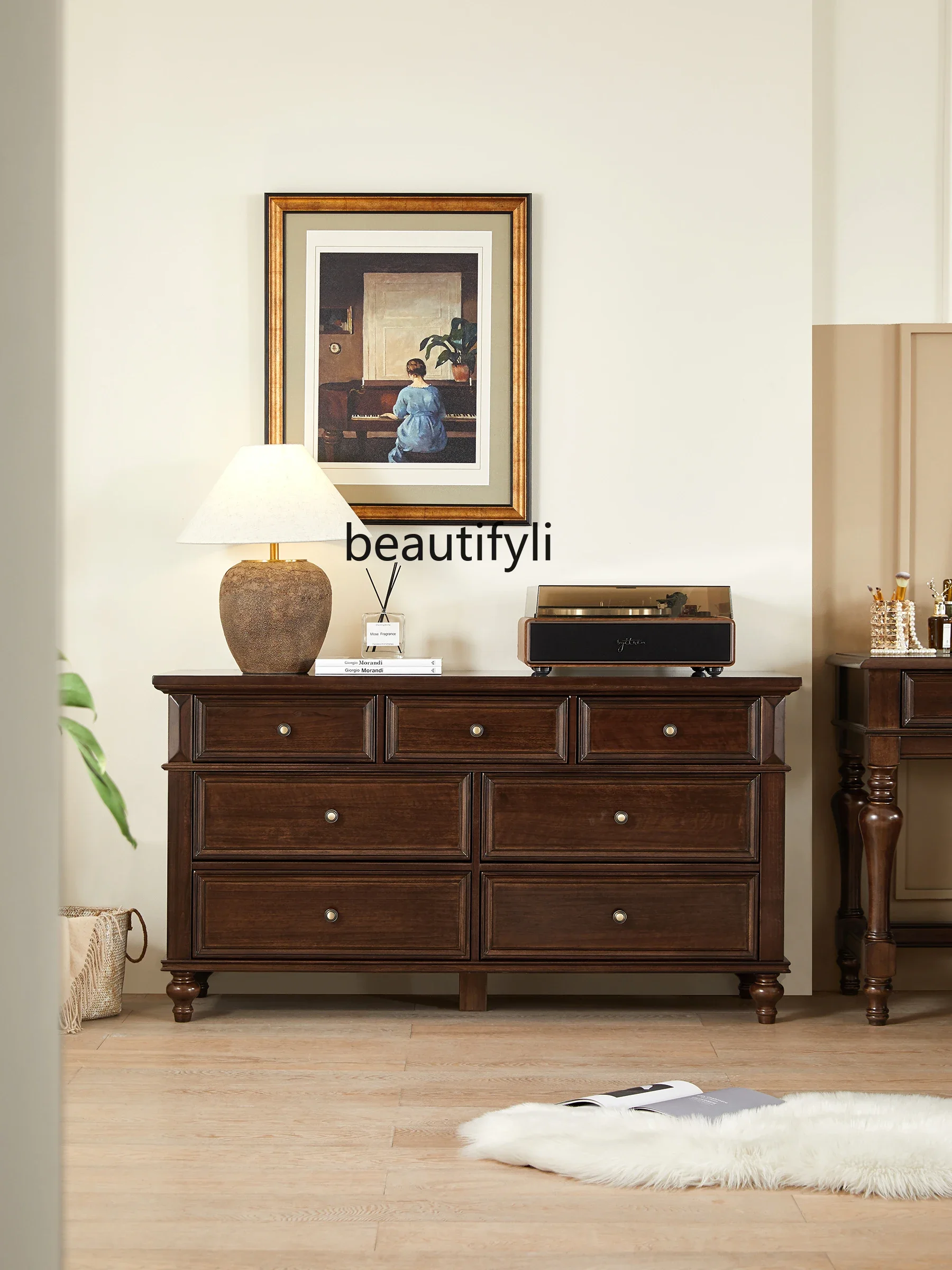 Master Bedroom Chest of Drawers Solid Wood American Black Walnut Color Retro Living Room Wall Bedroom Storage 7-Drawer Cabinet