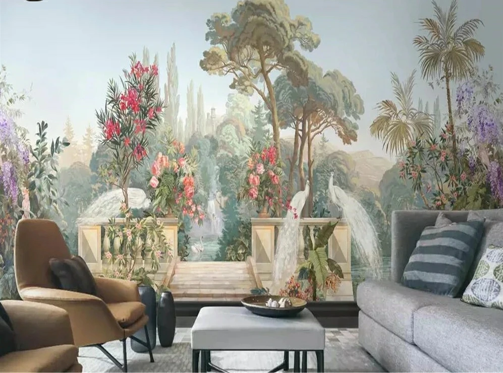 Custom 3D wallpaper mural court garden white peacock tree flowers birds landscape Living room TV background bedroom restaurant