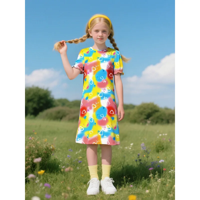 

2025 Bestseller! Girls' Tie-Dye Heart Print - Cute Short-Sleeve Mid-Length Dress, Perfect for Kids' Summer Casual Outfits