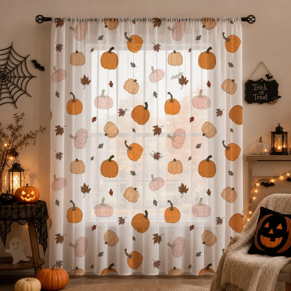 Halloween Holiday Sheer Curtain Rod Pocket Light Filter Voile Privacy Window Drapes for Living Bedroom Kids Room Party Home Deco
