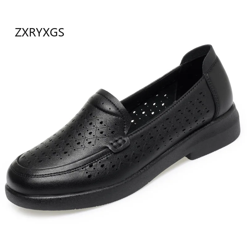 ZXRYXGS Elegant Temperament Hollow Breathable Flat Shoes Sandals 2026 Genuine Leather Spring Summer Flats Women's Large Size 43