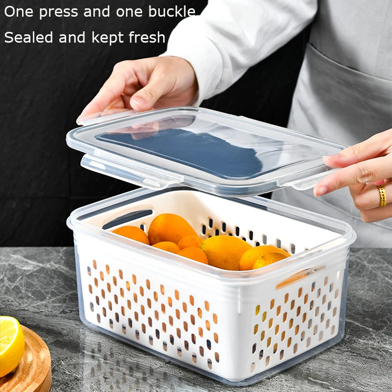 Cesta de limpieza de frutas, contenedor de almacenamiento de alimentos para nevera con tapas con colador, cajas de almac