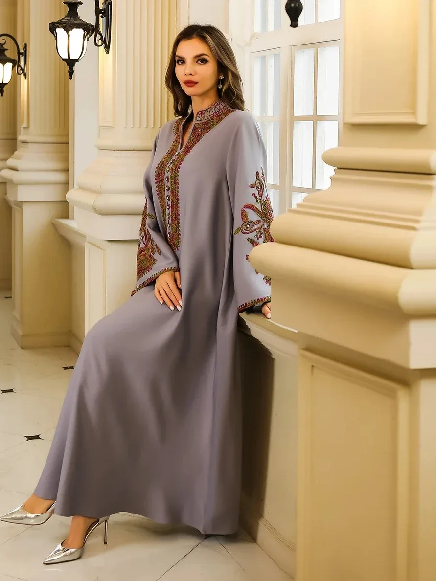 Muslim Embroidery Dress for Women Party Abaya  Arab Long Robe Dresses Jalabiya Eid Ramadan Morocco Dubai Islam Vestidos Largos