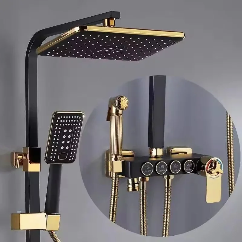 Square Bathroom Shower System Rain Black Gold Bathtub Mixer Faucet Hot/Cold Thermostatic Shower Set for Hotel Use