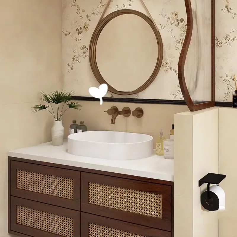 Japanese Wabi Sabi Style Rattan Bathroom Cabinet with Rock Slab Washbasin Log Wind Vanity Unit Washstand Combo