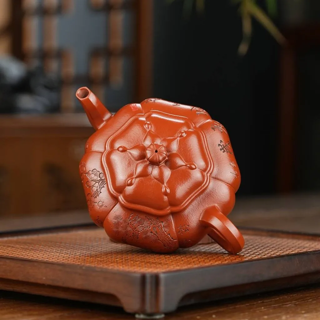 Hexagonal Diamond-Patterned Yixing Purple Clay Teapot Made From Original Mineral Zhuni Clay Purely Hand-Carved And Decorated
