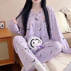 2024 Spring Autumn Women Pajama Sets New Long Sleeve Pants Pijama Korean Cute Girl Loose Sleepwear Imitation Cotton Home Clothes