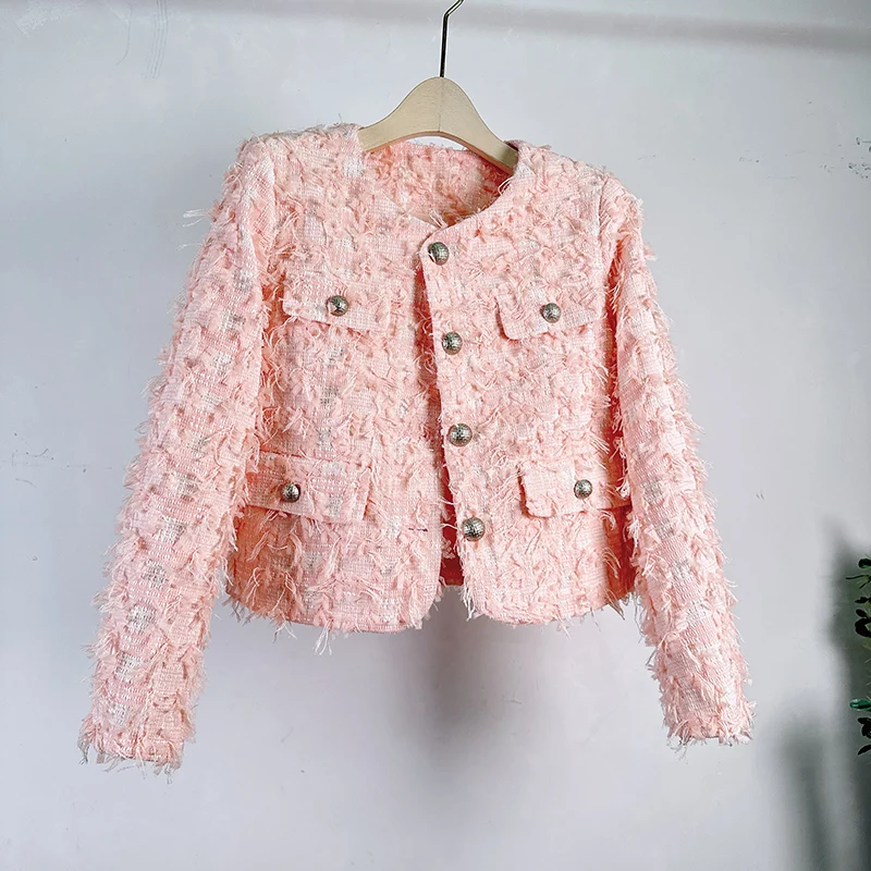 Women White Small Fragrance Short Coat Spring High Quality French O Neck Tassel Long Sleeve Casual Sweet Tweed Lady Pink Jacket