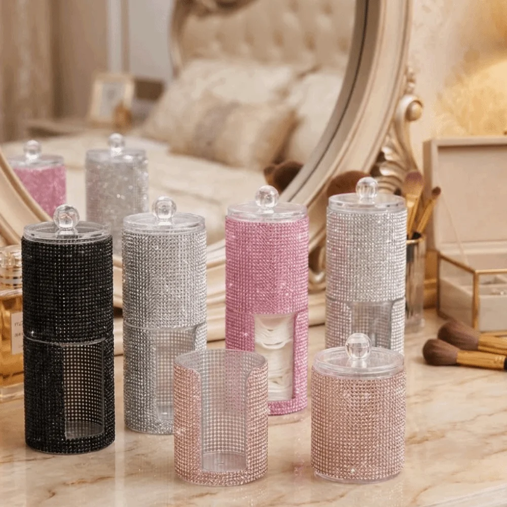 2 in 1 Diamond-Studded Storage Box Round Plastic Cotton Swab Storage Box with Lid Decorative Sundries Storage Box