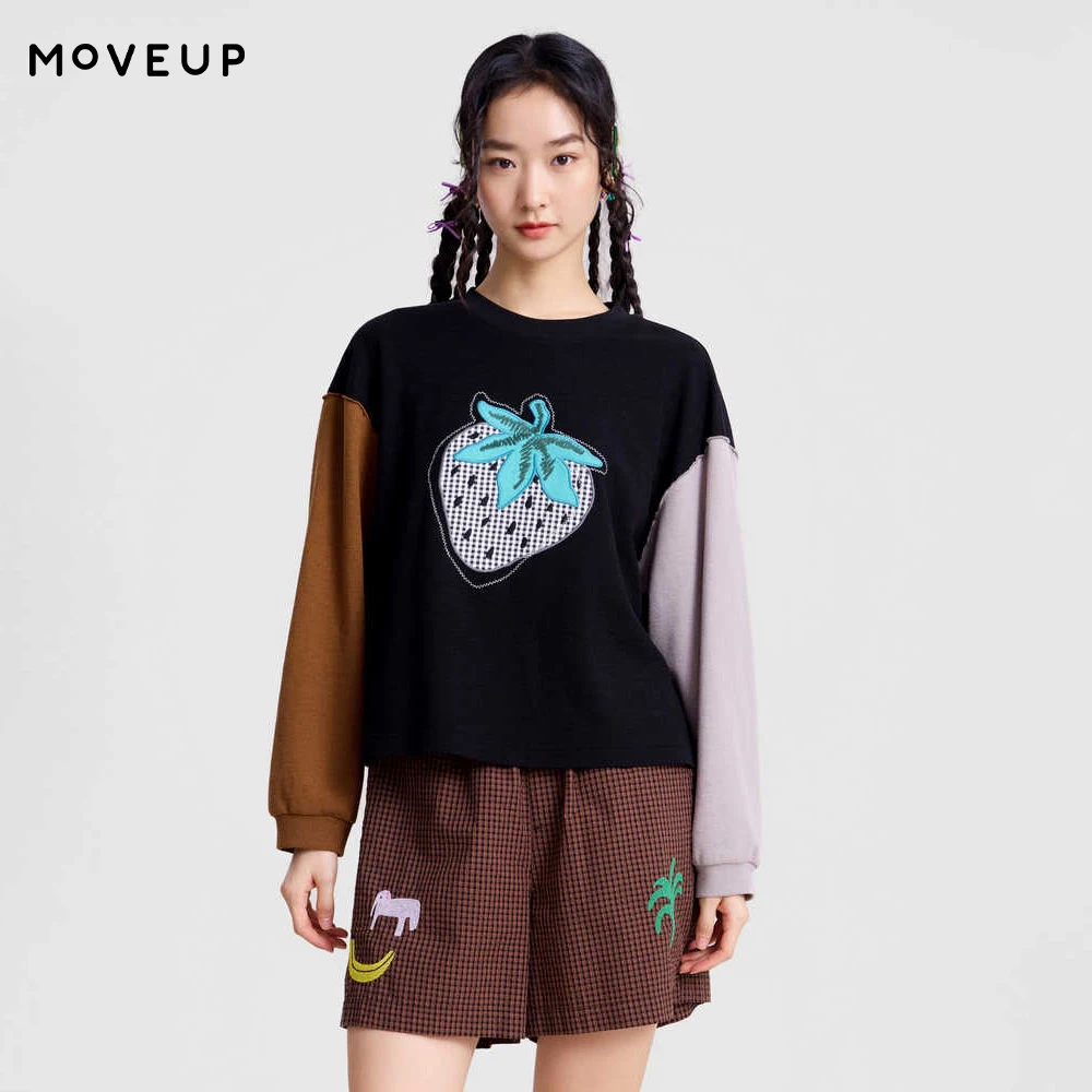 

Свитшот MOVEUP Office Cropped, весна 2026, новая модная модель с вышивкой клубники, контрастными рукавами, круглым вырезом, повседневный топ 3ELC11422