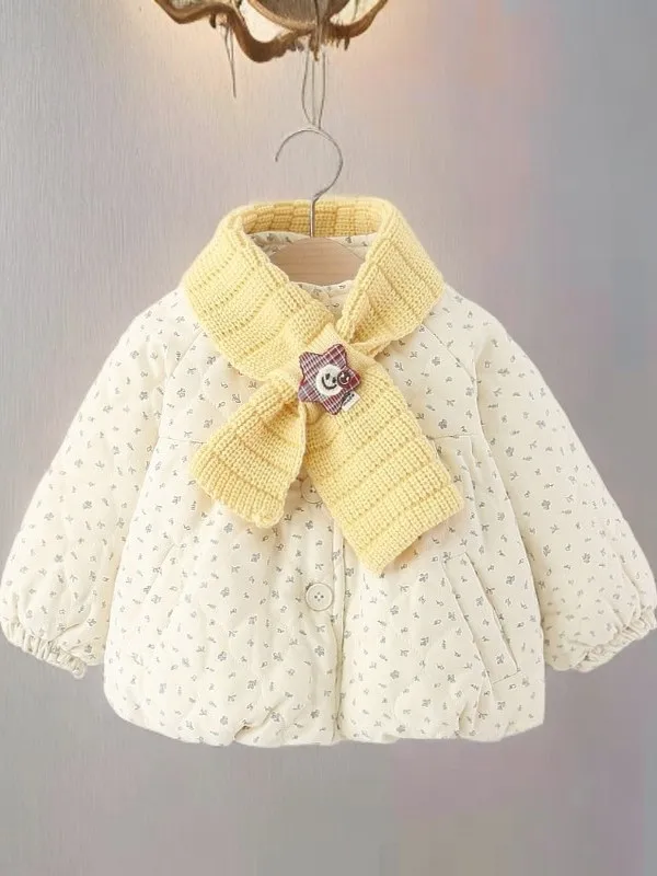 

Thiened Floral Print Cotton Jaet for Little Girls Baby Girl Warm Outerwear Fce Lined Cotton Clothes Sweet Sle