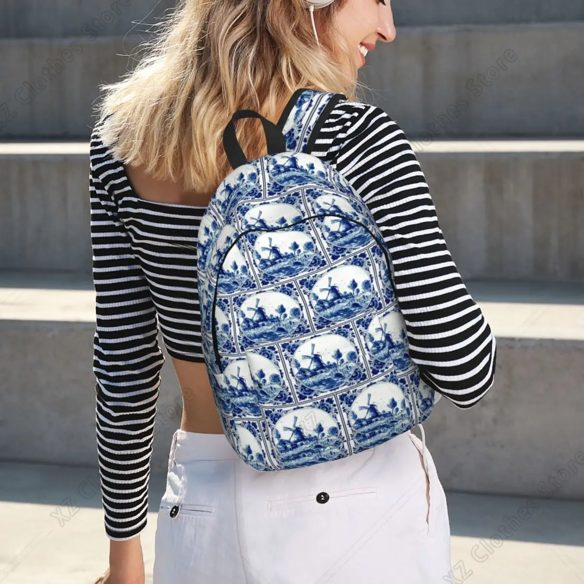 Dutch Blue Delft Windmill And Bridge Print Student Backpack School Bag Hiking Travel Daypack for Men Women Bookbag Shoulder Bags