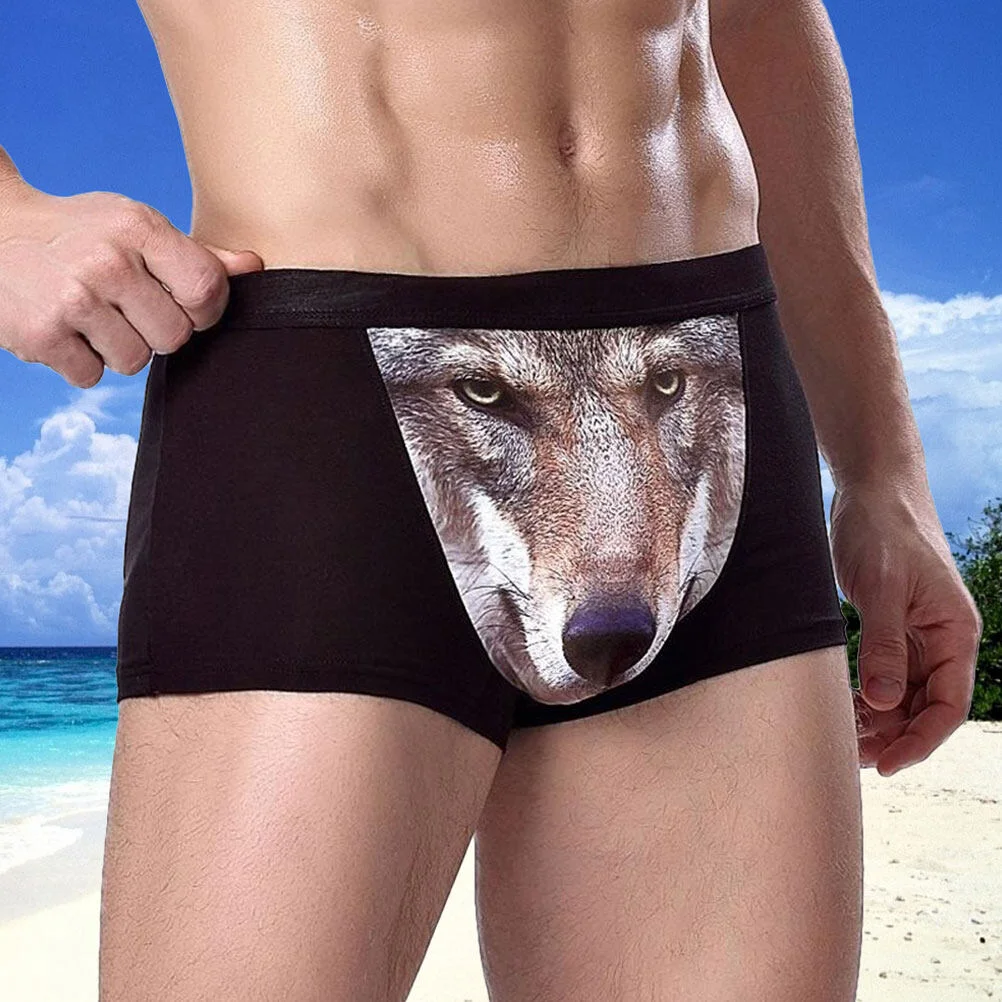 Men While While Men 3D Wolf Head Animal Briefs Stretch Modal Underpants Size L (Grey)