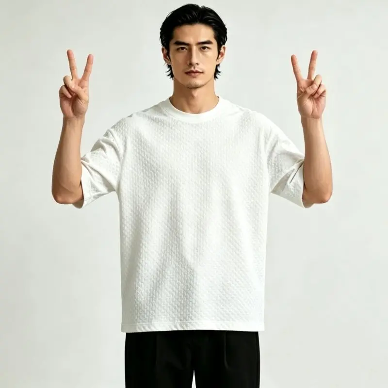 Men's Lightweight Bubble Gauze T-Shirt Summer Crew Neck Casual Cool Breathable Ice Sand Texture Slit Five-Point Half Sleeve Tops