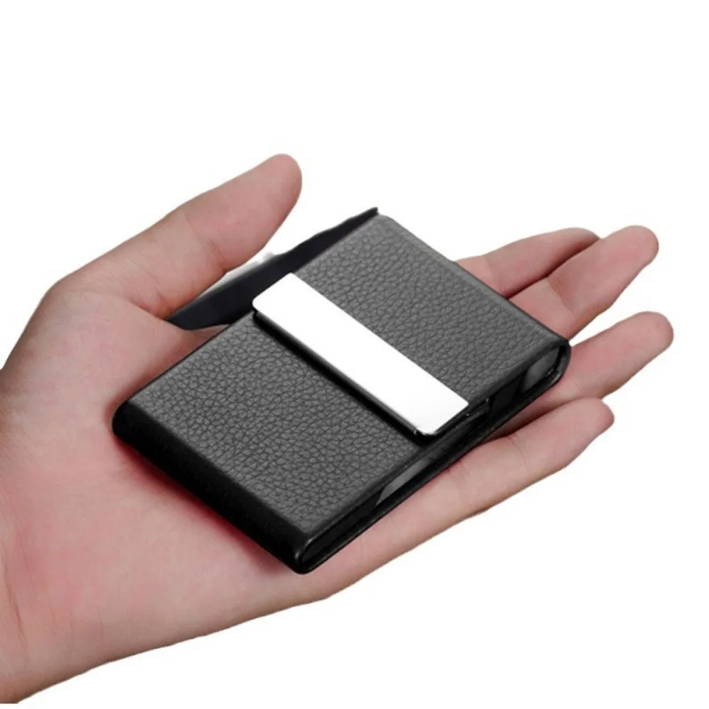 Tarjetero de cuero PU con hebilla magnética, bolsillo Delgado, tarjetero de nombre, caja de tarjeta de identificación de crédito de acero inoxidable