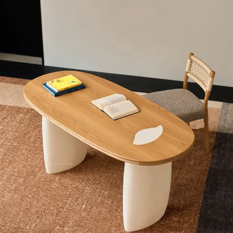 Nordic Solid Wood Oval Desk Log Style Writing Table for Home Office Reception Counter Minimalist Furniture