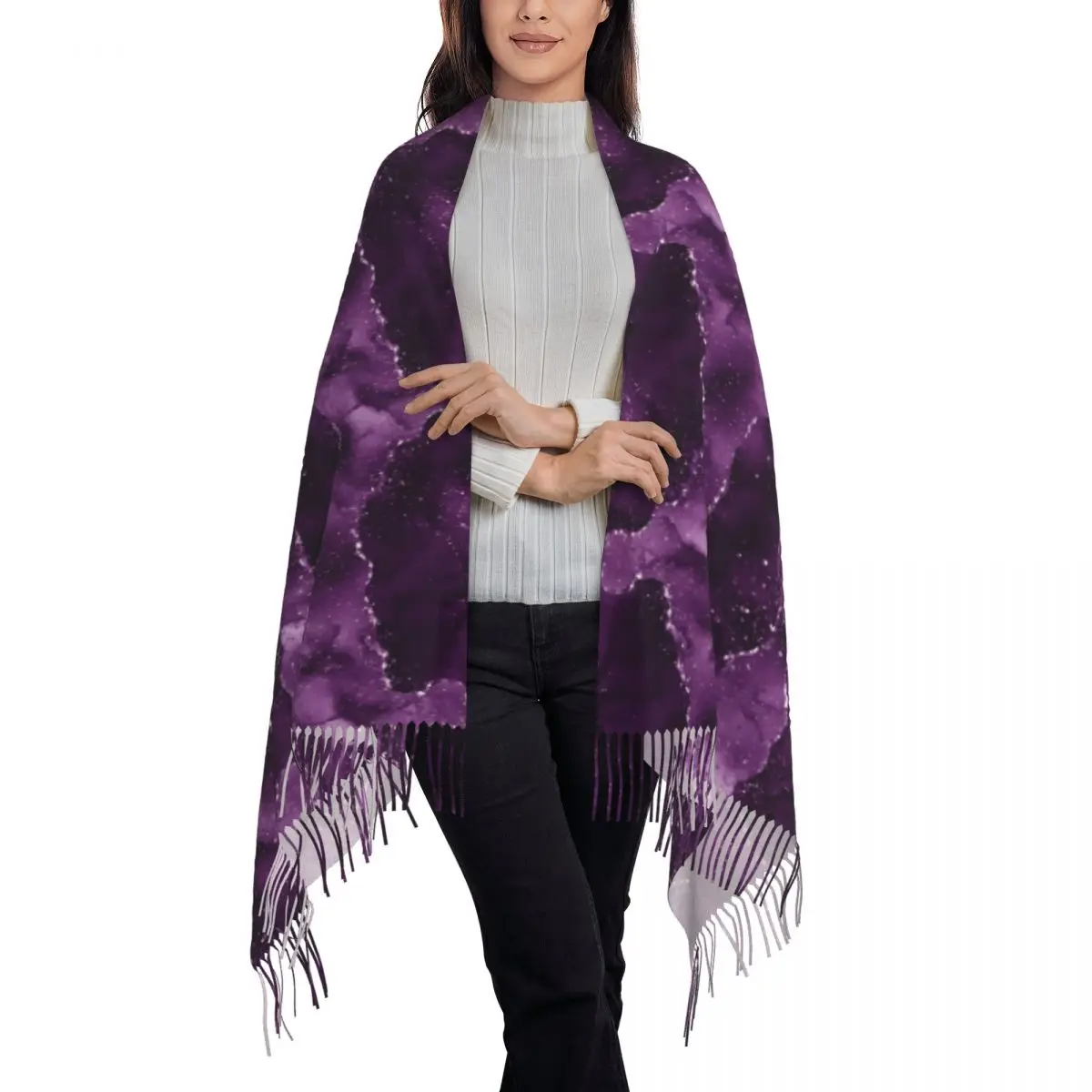 Marble Scarf Unisex Moody Purple Agate Scarves Wraps with Long Tassel Autumn y2k Cool Shawls Wrpas Warm Soft Printed Foulard